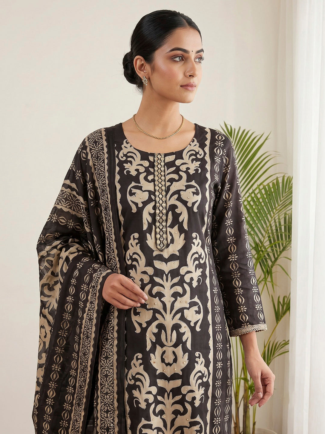 Black Printed Cotton Blend Kurta With Pant &amp; Dupatta