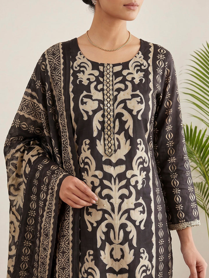 Black Printed Cotton Blend Kurta With Pant &amp; Dupatta