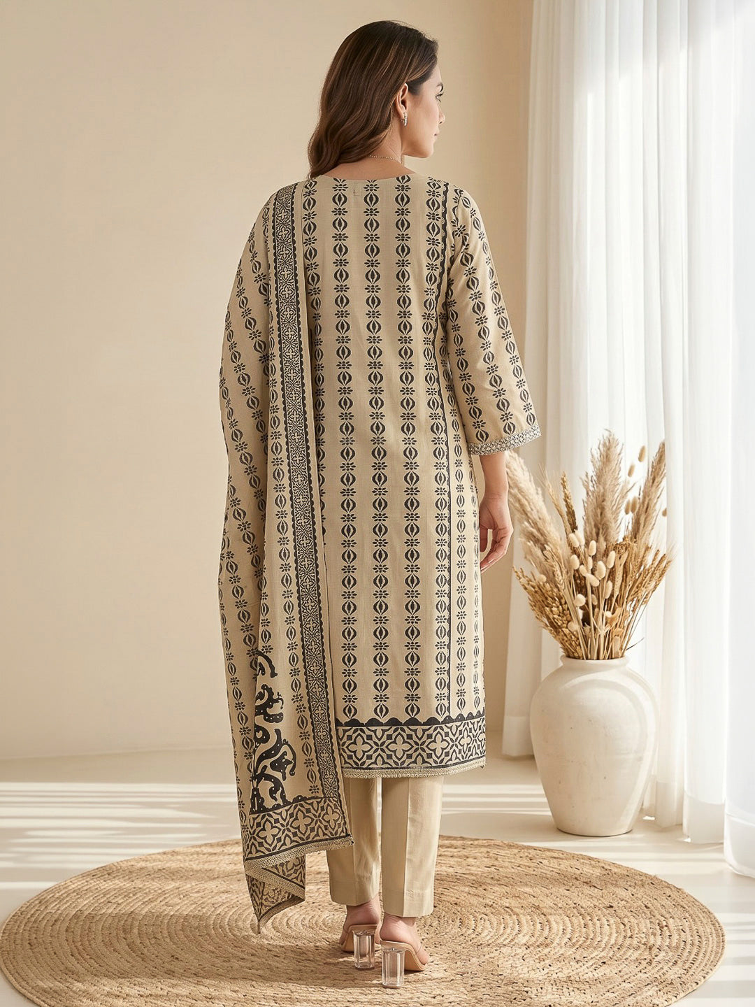 White Printed Cotton Blend Kurta With Pant &amp; Dupatta