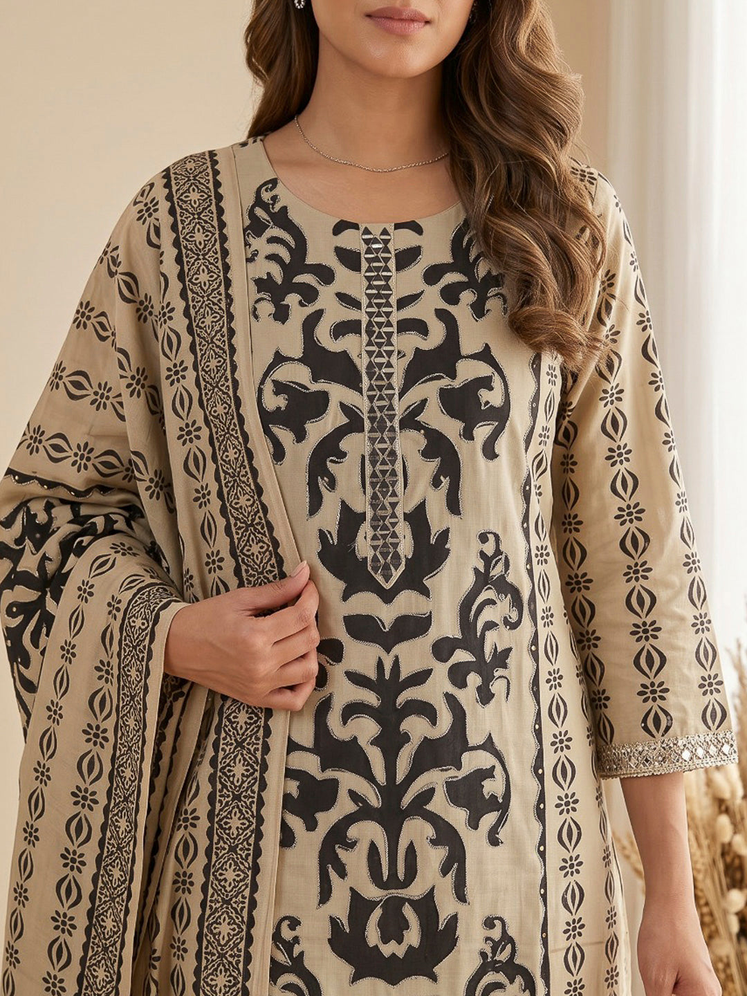 White Printed Cotton Blend Kurta With Pant &amp; Dupatta