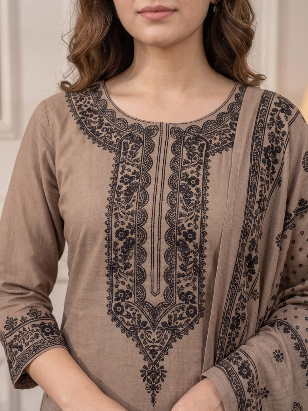 Beige Printed Muslin Kurta With Pant &amp; Dupatta