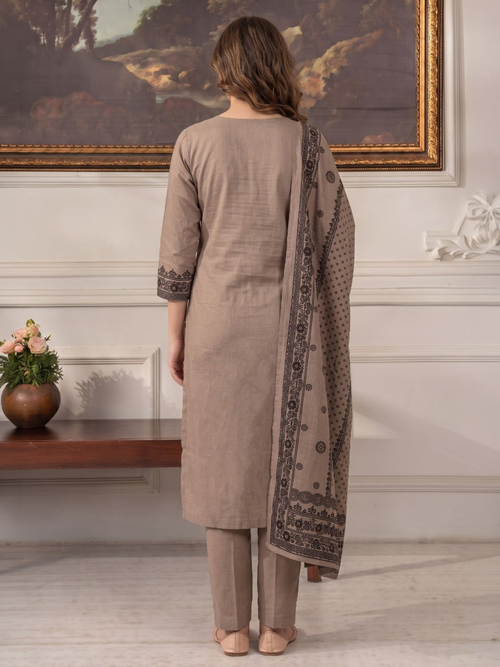 Beige Printed Muslin Kurta With Pant &amp; Dupatta