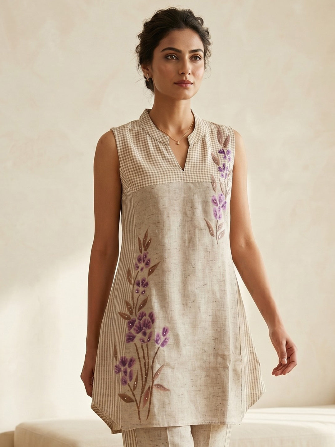 Beige Embroidered Cotton Blend Round Neck Straight Kurta With Pant