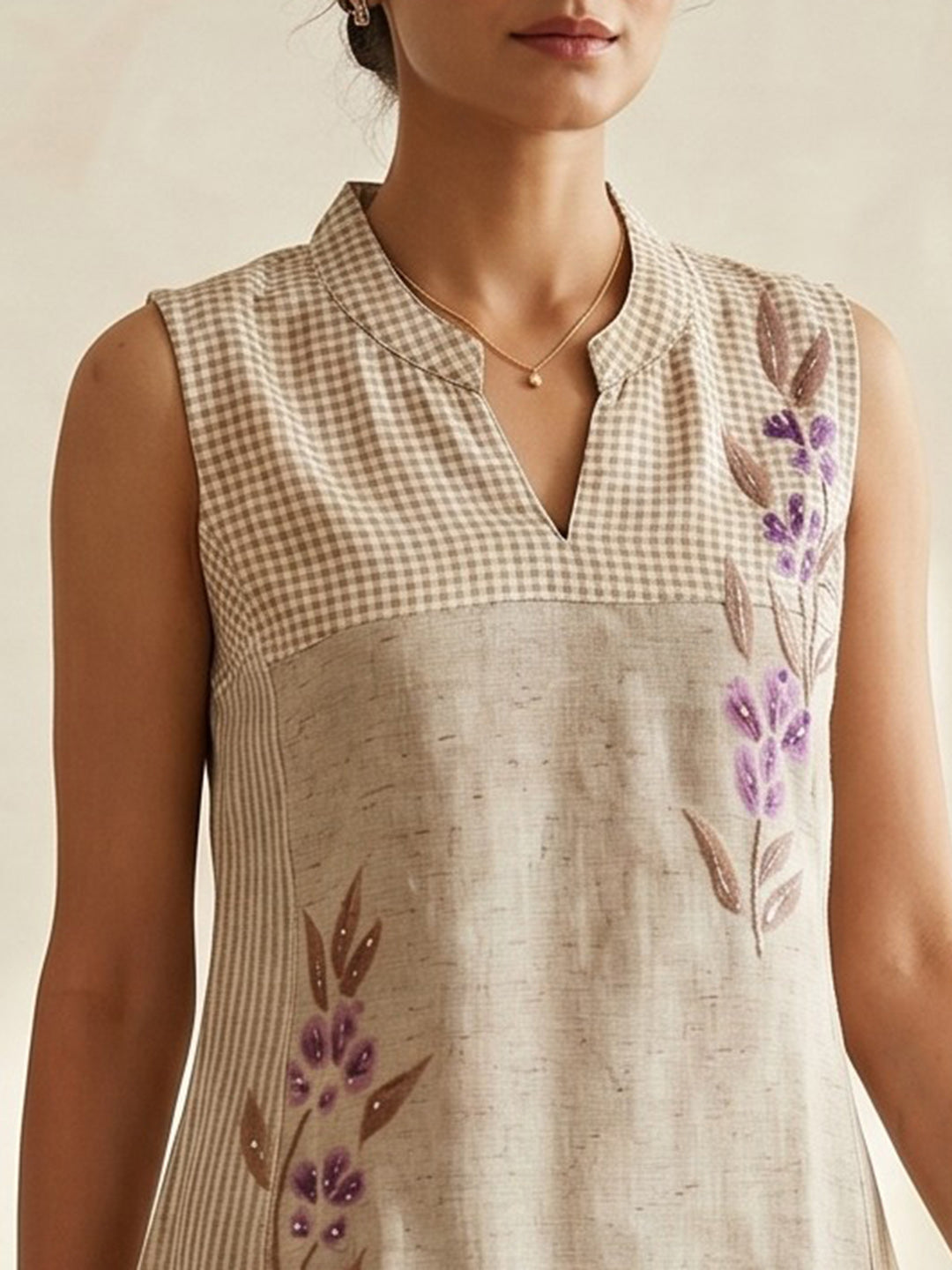 Beige Embroidered Cotton Blend Round Neck Straight Kurta With Pant