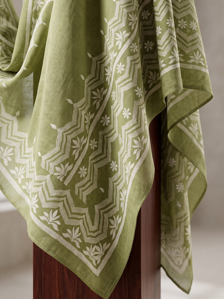 Green Printed Cotton Blend Kurta With Pant &amp; Dupatta