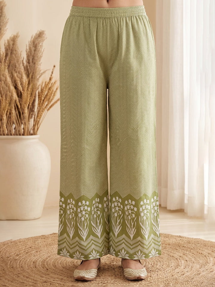Green Printed Cotton Blend Kurta With Pant &amp; Dupatta