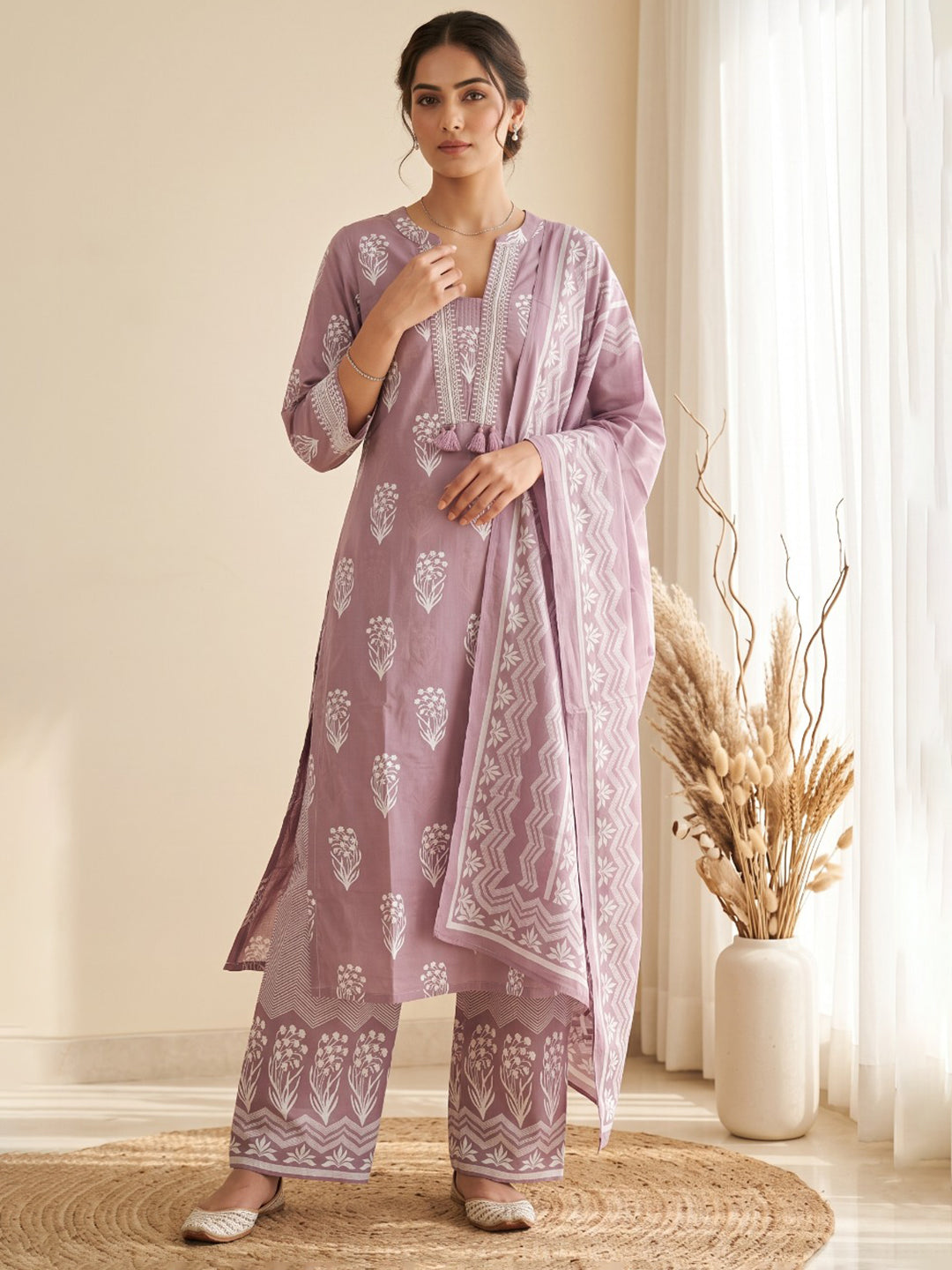 Lavender Printed Cotton Blend Kurta With Pant &amp; Dupatta