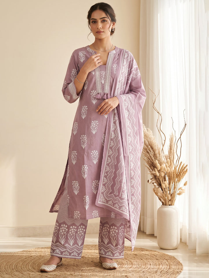 Lavender Printed Cotton Blend Kurta With Pant &amp; Dupatta