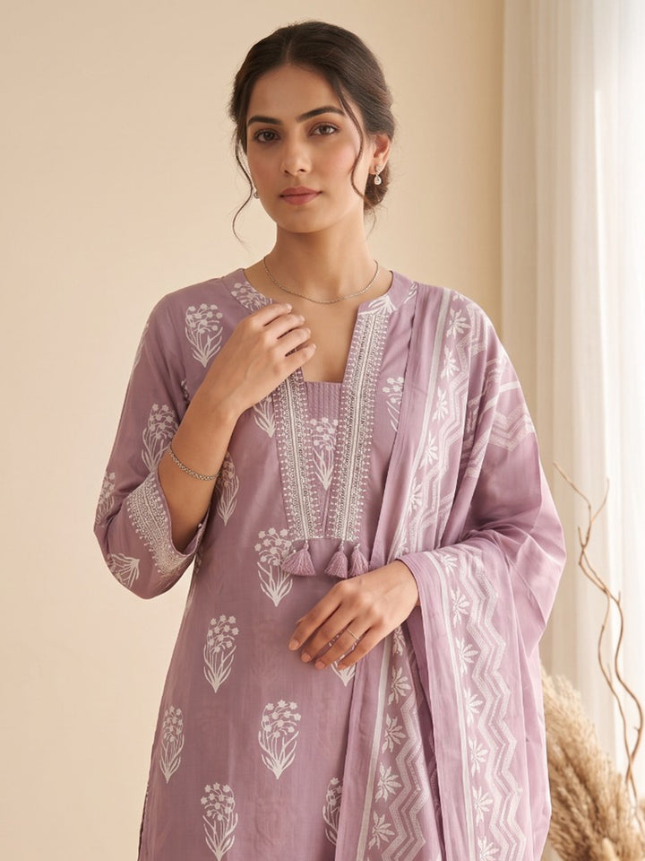 Lavender Printed Cotton Blend Kurta With Pant &amp; Dupatta