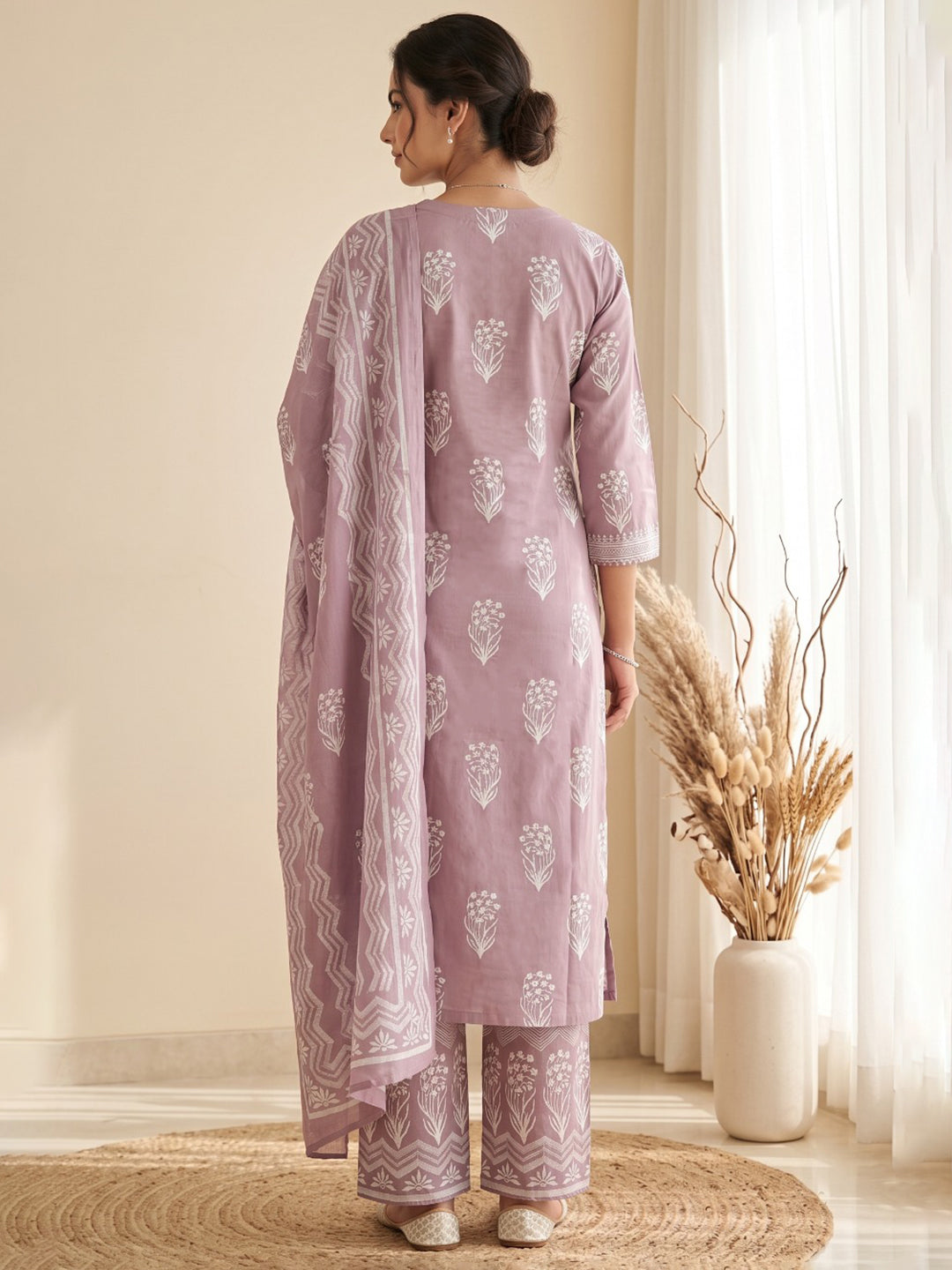 Lavender Printed Cotton Blend Kurta With Pant &amp; Dupatta