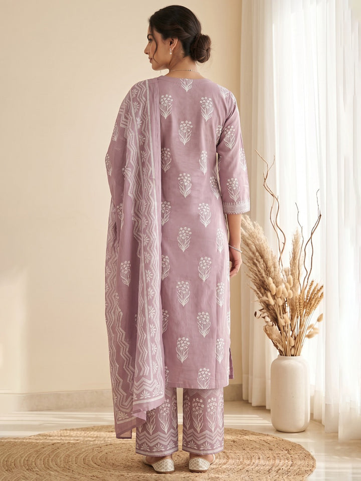 Lavender Printed Cotton Blend Kurta With Pant &amp; Dupatta