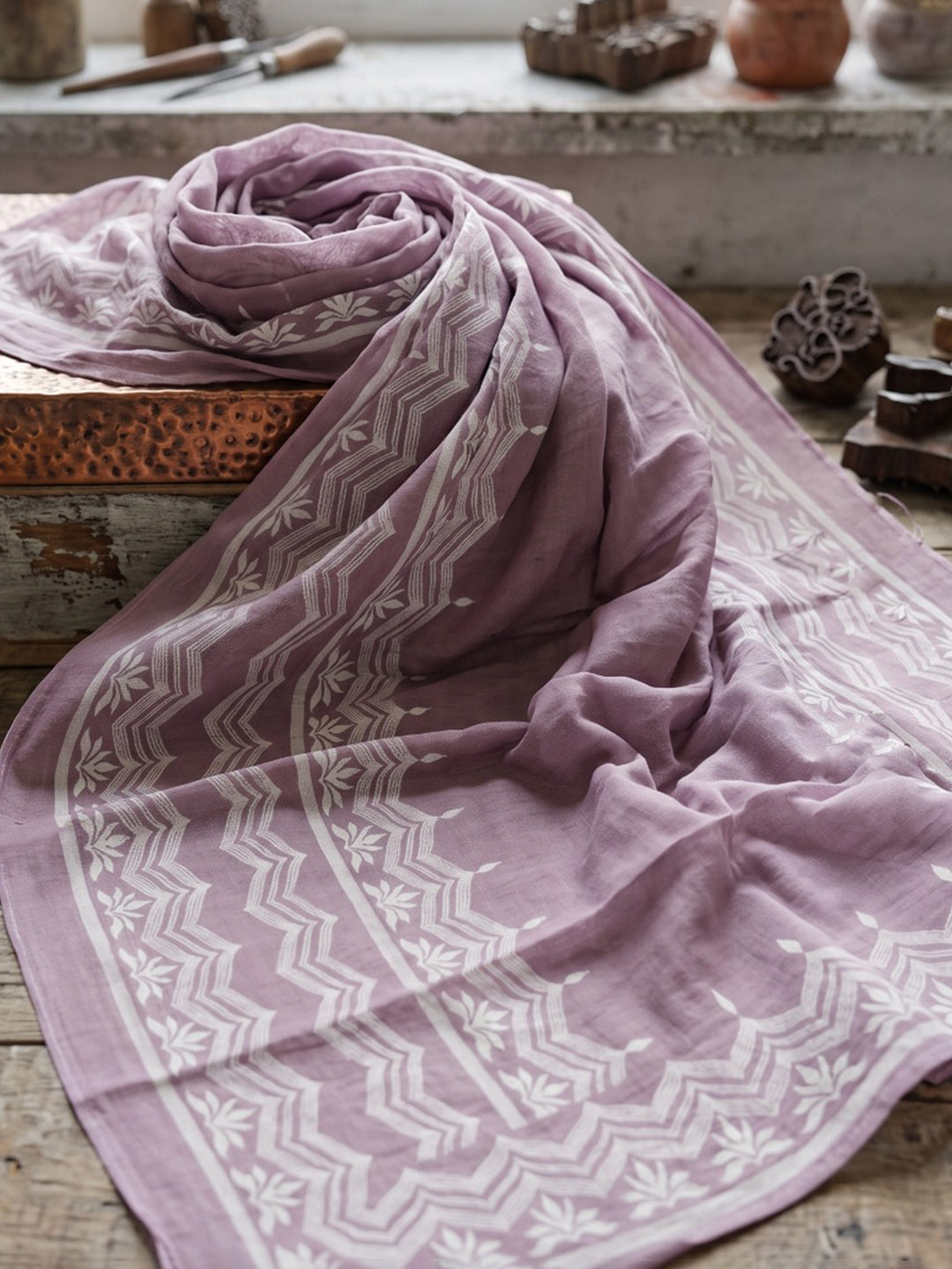 Lavender Printed Cotton Blend Kurta With Pant &amp; Dupatta