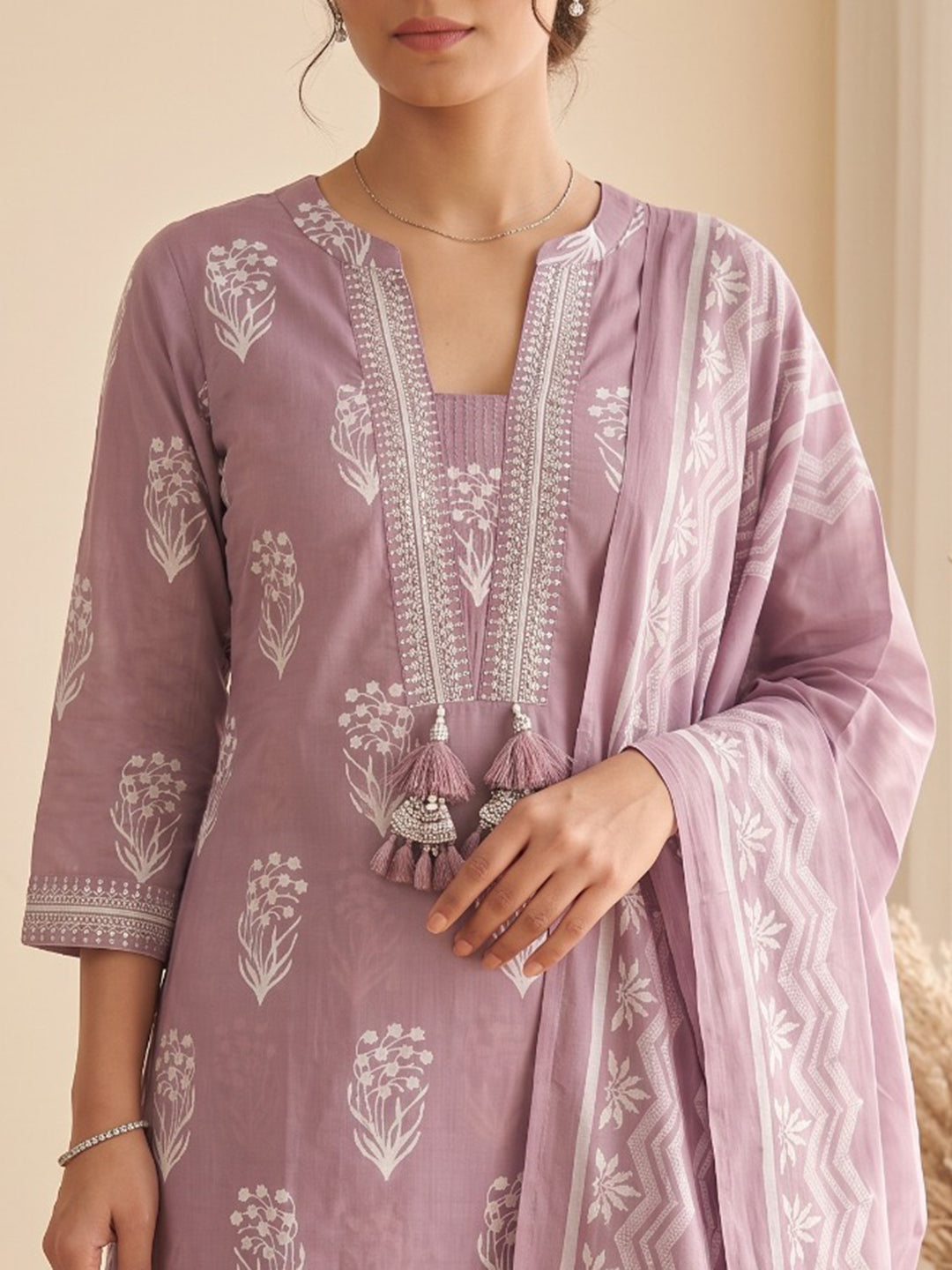Lavender Printed Cotton Blend Kurta With Pant &amp; Dupatta