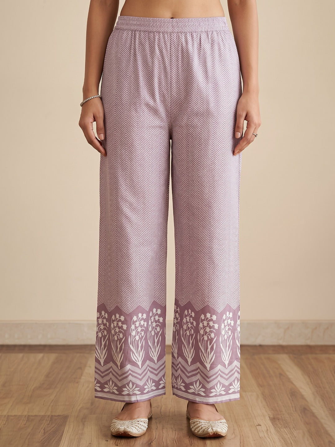 Lavender Printed Cotton Blend Kurta With Pant &amp; Dupatta