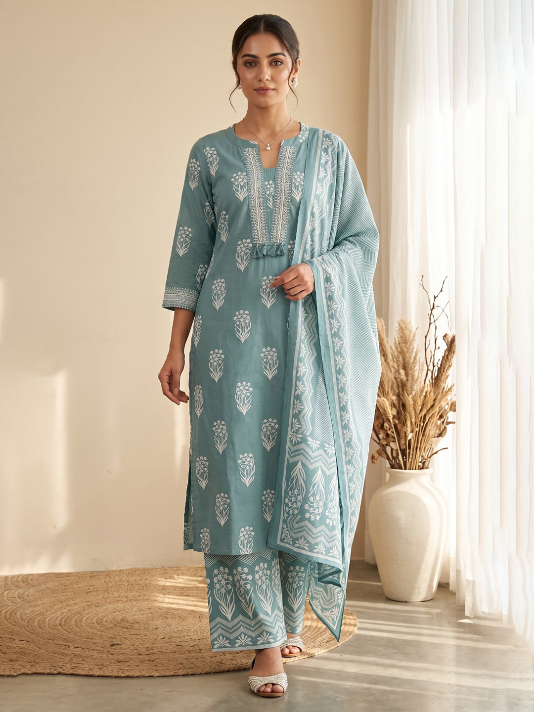 Sky Blue Printed Cotton Blend Kurta With Pant &amp; Dupatta
