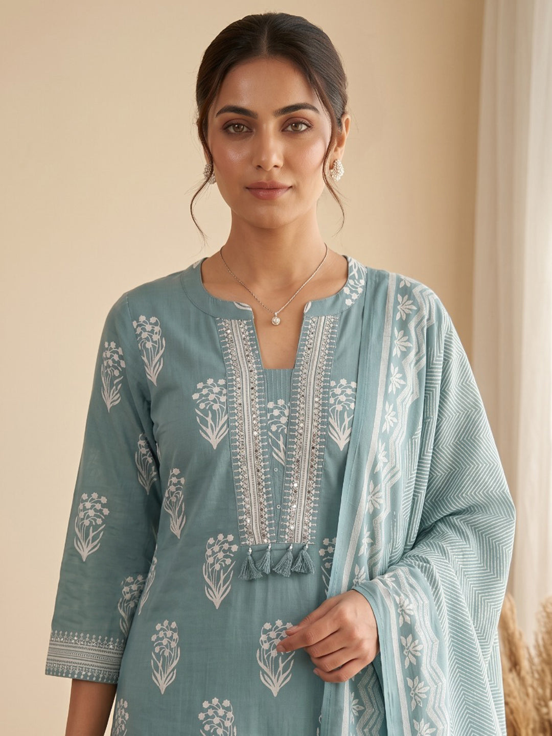 Sky Blue Printed Cotton Blend Kurta With Pant &amp; Dupatta