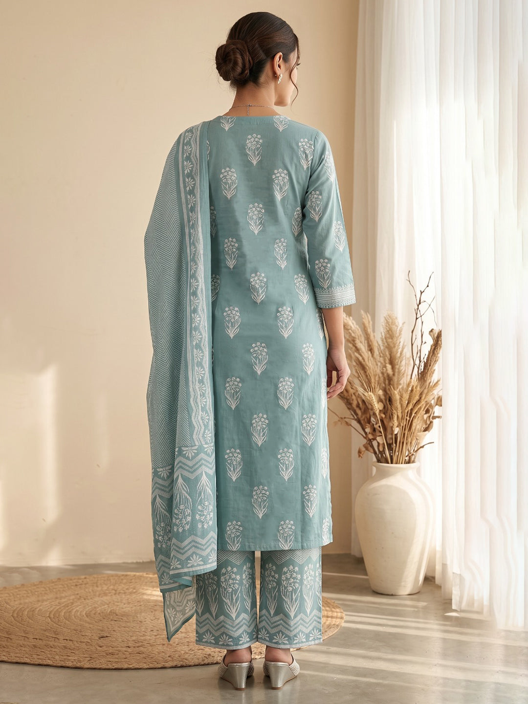 Sky Blue Printed Cotton Blend Kurta With Pant &amp; Dupatta