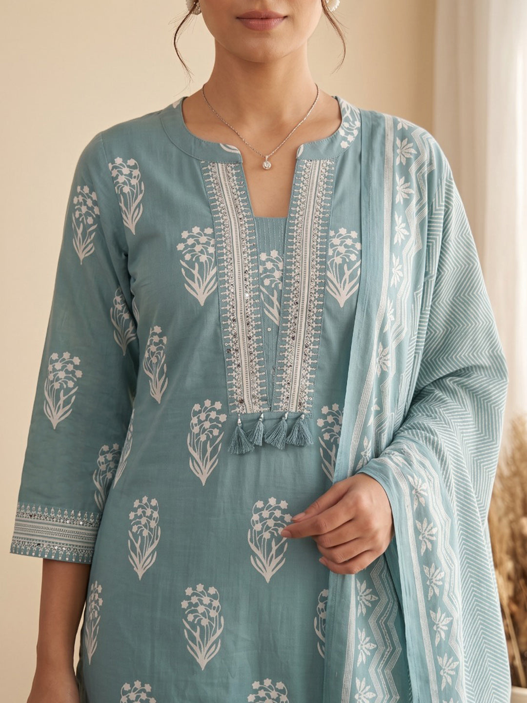 Sky Blue Printed Cotton Blend Kurta With Pant &amp; Dupatta