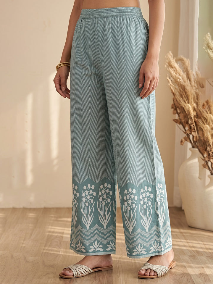 Sky Blue Printed Cotton Blend Kurta With Pant &amp; Dupatta