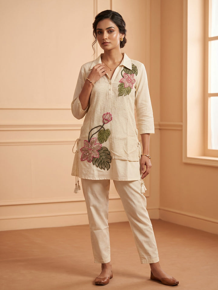 White Printed Cotton Blend V Neck Kurta Set