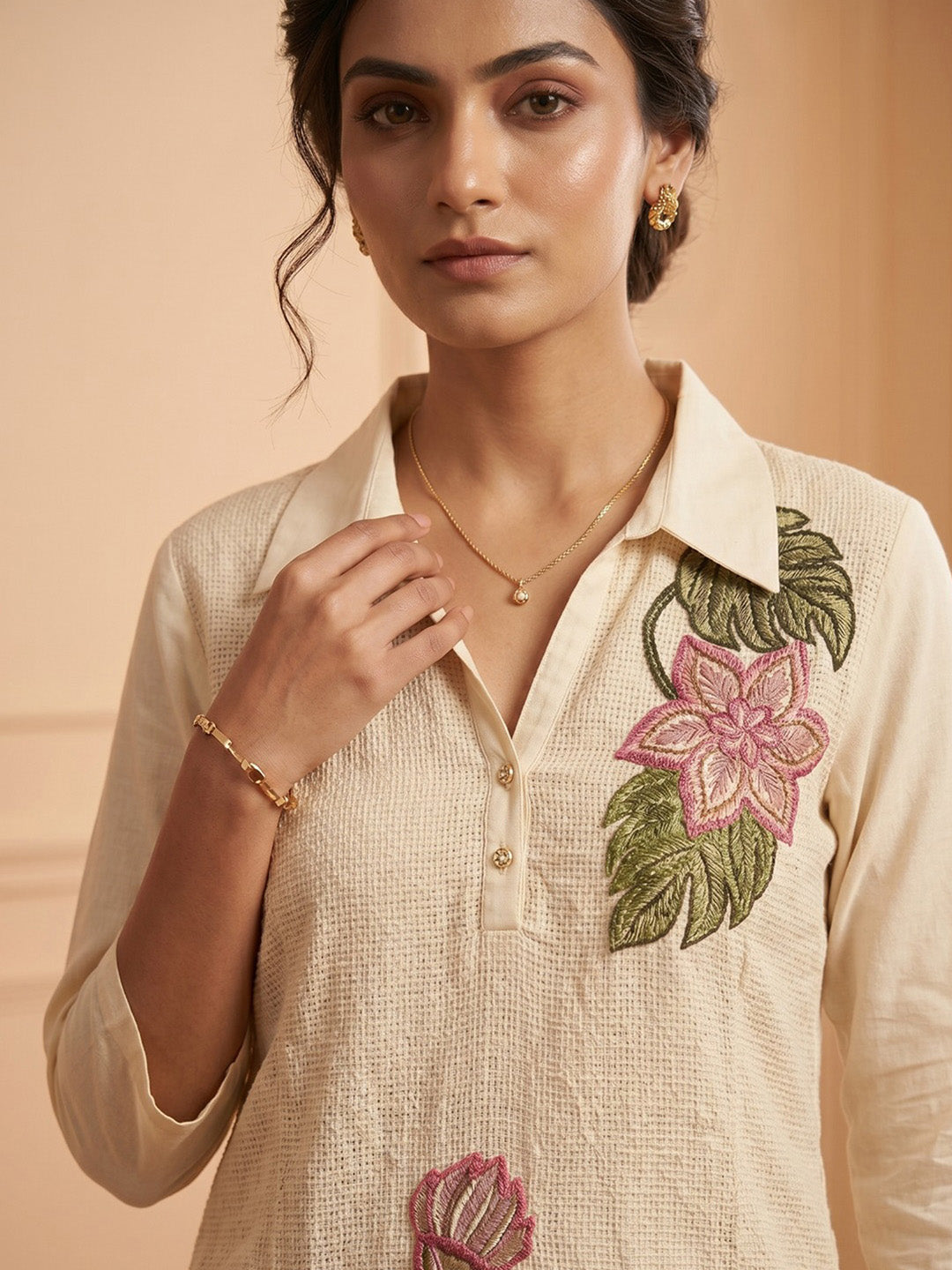 White Printed Cotton Blend V Neck Kurta Set