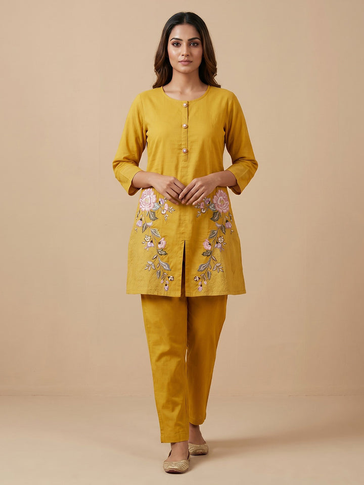 Mustard Embroidered Cotton Blend Round Neck Kurta Set