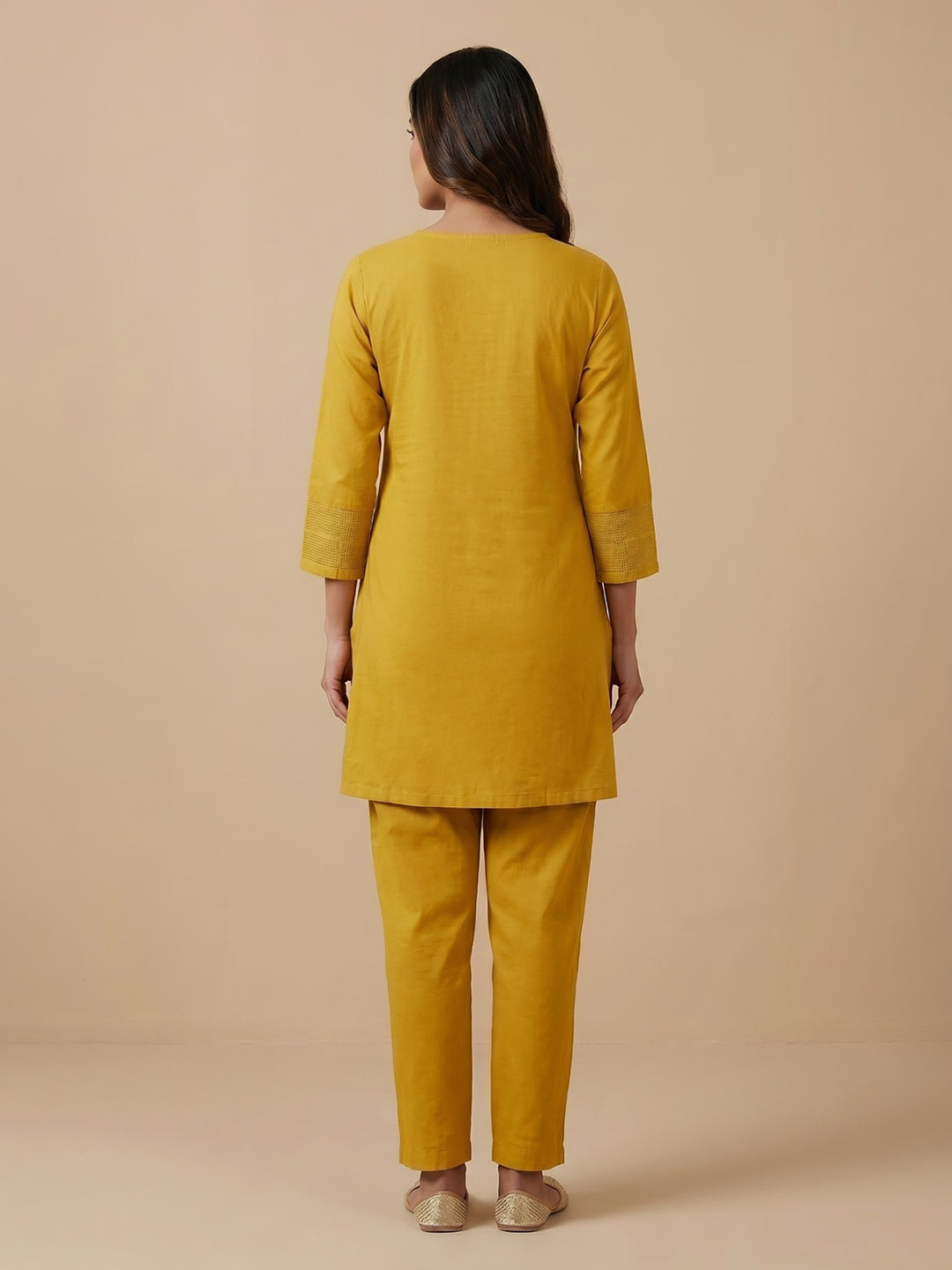 Mustard Embroidered Cotton Blend Round Neck Kurta Set