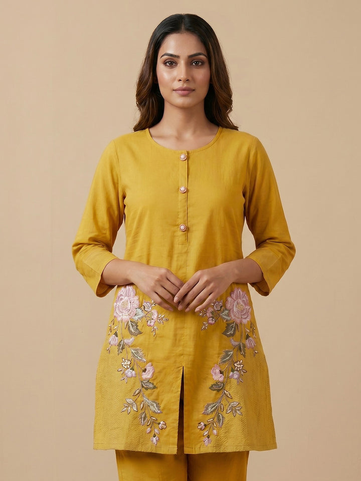 Mustard Embroidered Cotton Blend Round Neck Kurta Set