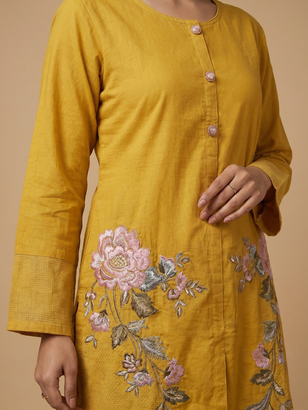 Mustard Embroidered Cotton Blend Round Neck Kurta Set