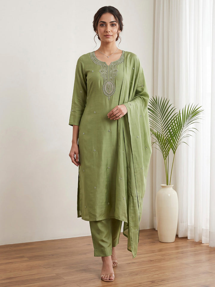 Green Printed Cotton Blend Kurta With Pant &amp; Dupatta