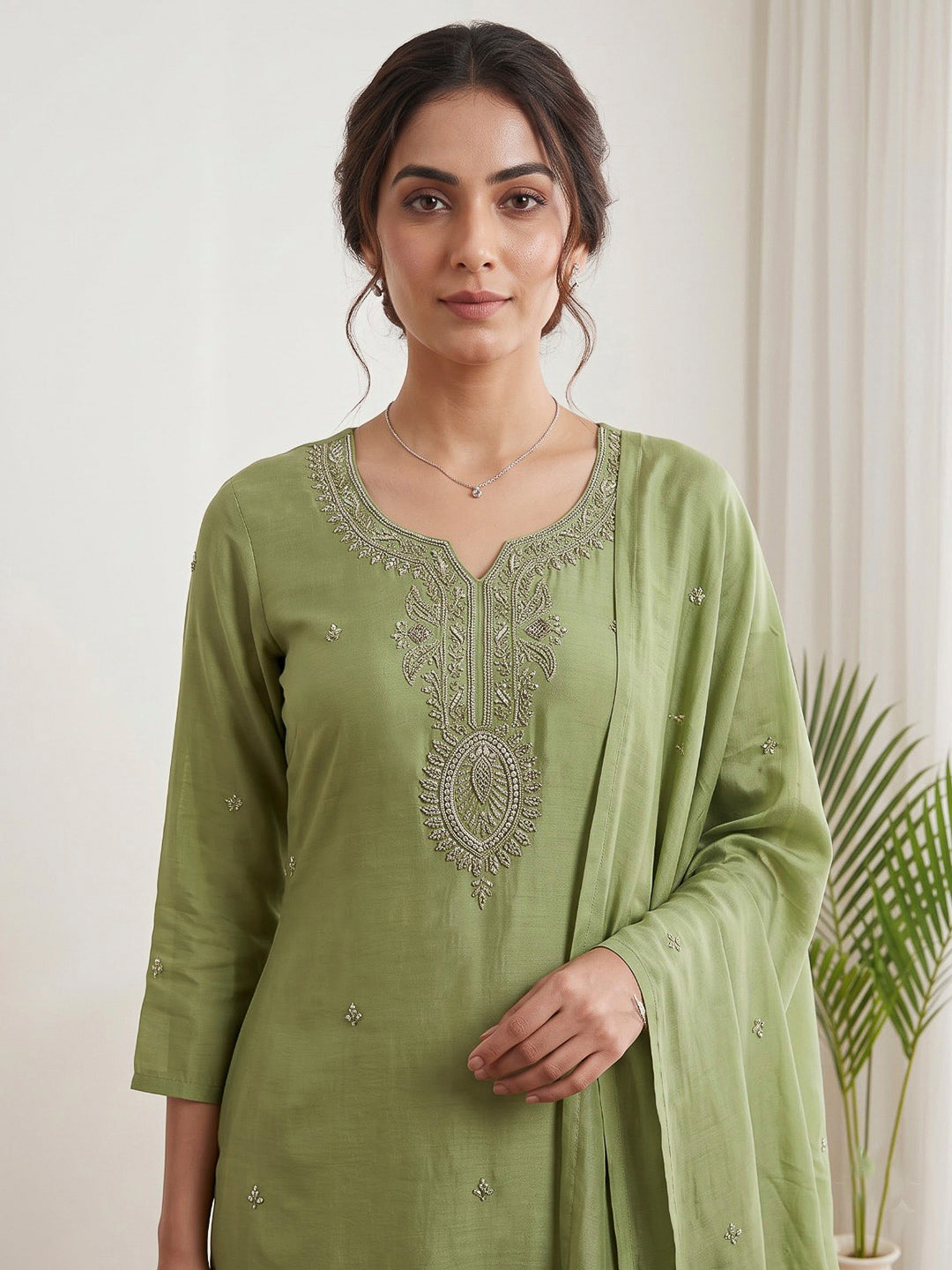 Green Printed Cotton Blend Kurta With Pant &amp; Dupatta