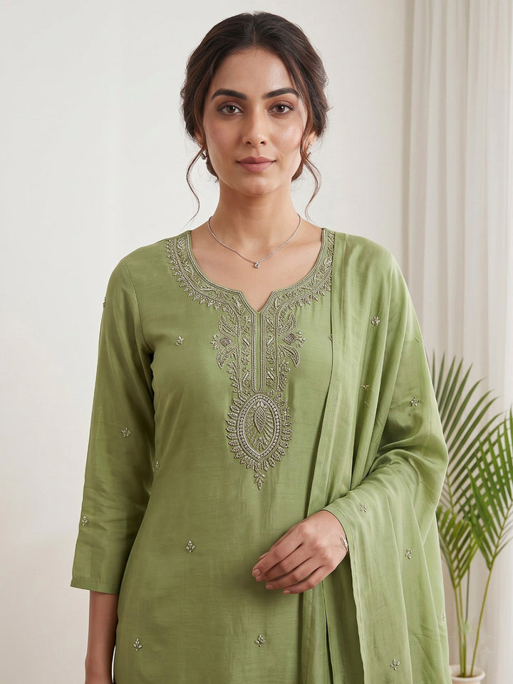 Green Printed Cotton Blend Kurta With Pant &amp; Dupatta