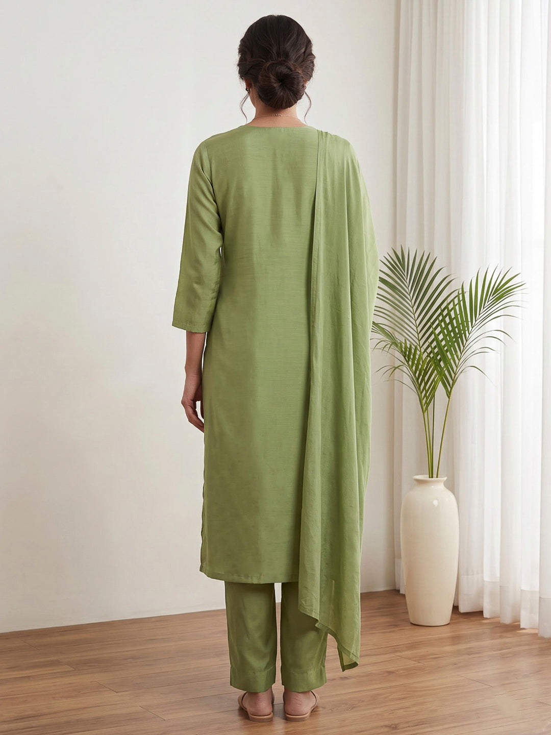 Green Printed Cotton Blend Kurta With Pant &amp; Dupatta