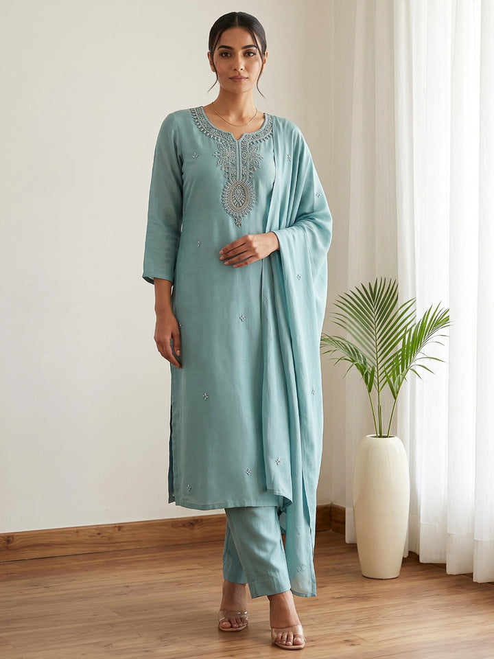 Sky Blue Printed Cotton Blend Kurta With Pant &amp; Dupatta