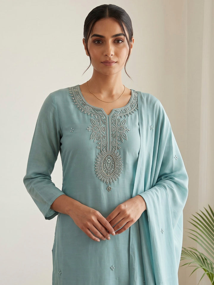 Sky Blue Printed Cotton Blend Kurta With Pant &amp; Dupatta