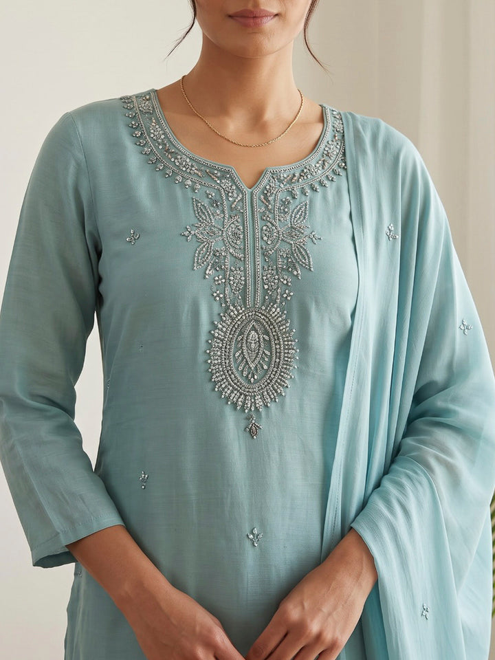 Sky Blue Printed Cotton Blend Kurta With Pant &amp; Dupatta