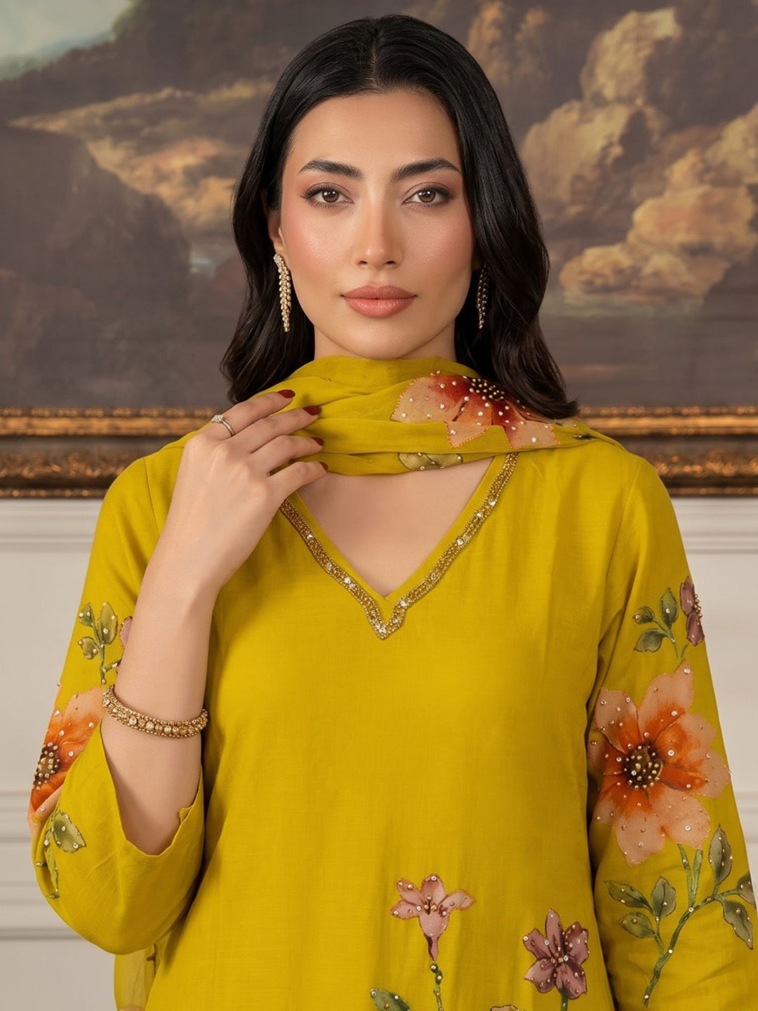 Yellow Embroidered Chanderi Kurta With Pant &amp; Dupatta