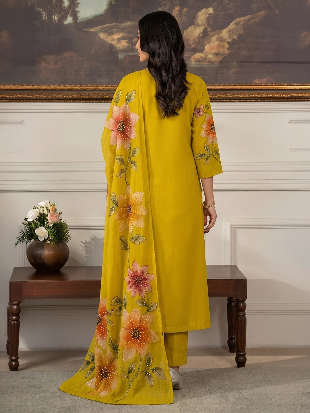 Yellow Embroidered Chanderi Kurta With Pant &amp; Dupatta