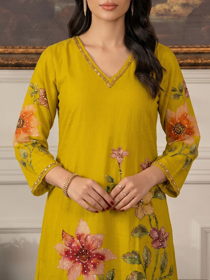 Yellow Embroidered Chanderi Kurta With Pant &amp; Dupatta