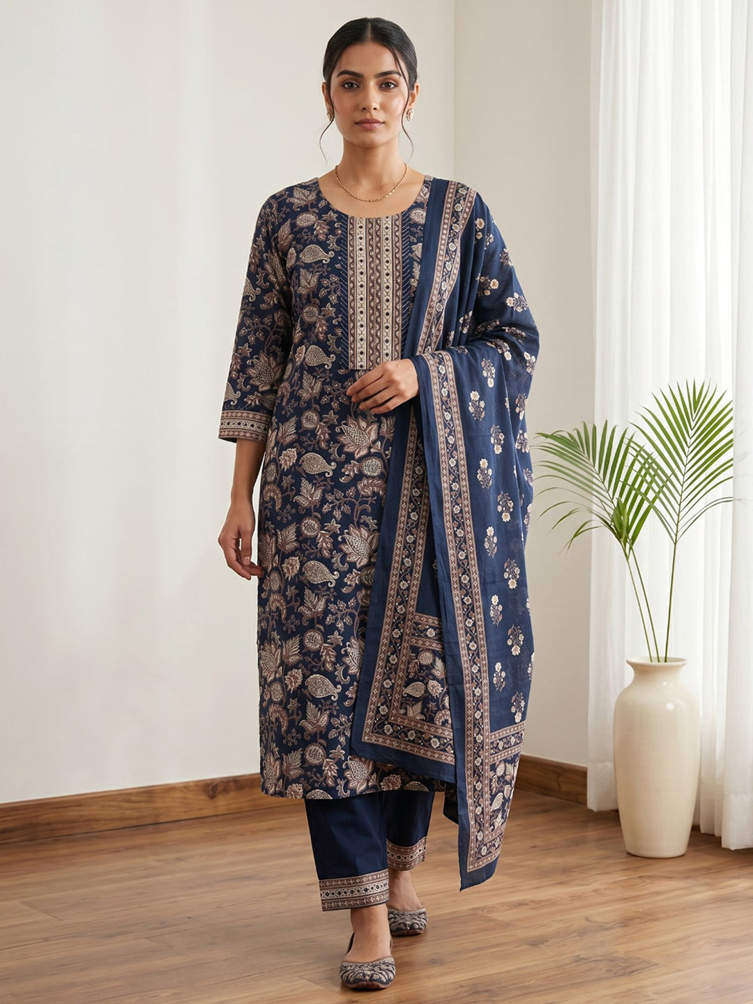 Blue Embroidery Cotton Blend Kurta With Pant &amp; Dupatta