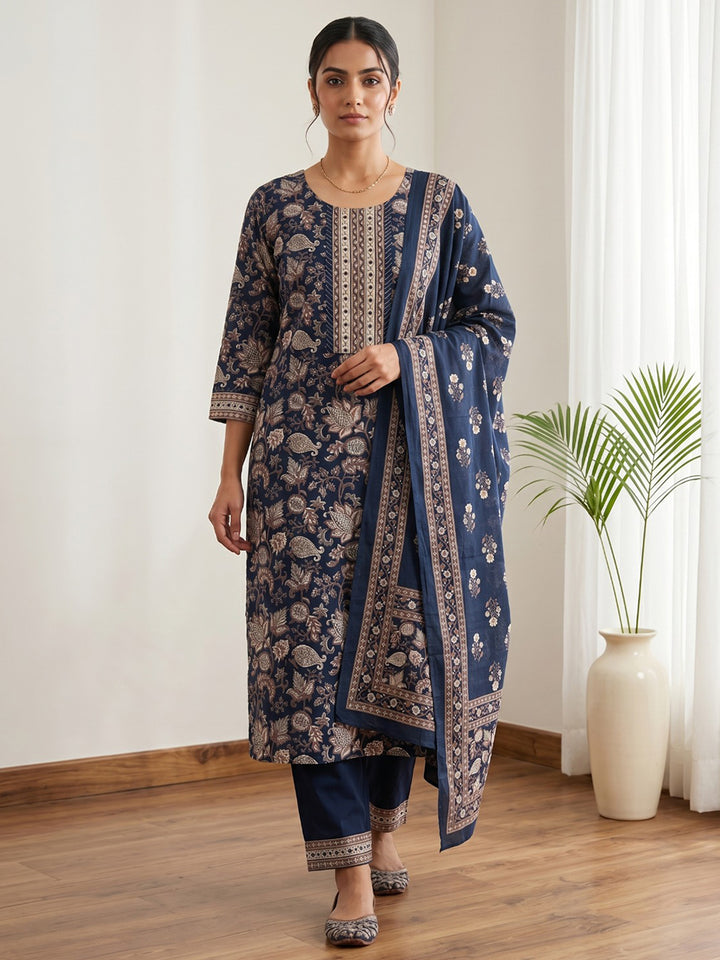Blue Embroidery Cotton Blend Kurta With Pant &amp; Dupatta