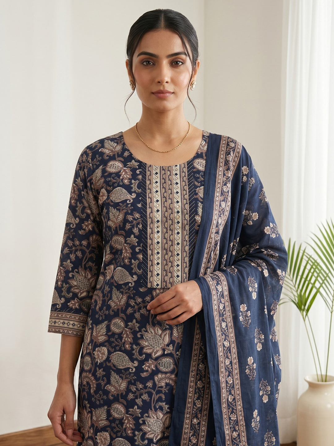 Blue Embroidery Cotton Blend Kurta With Pant &amp; Dupatta