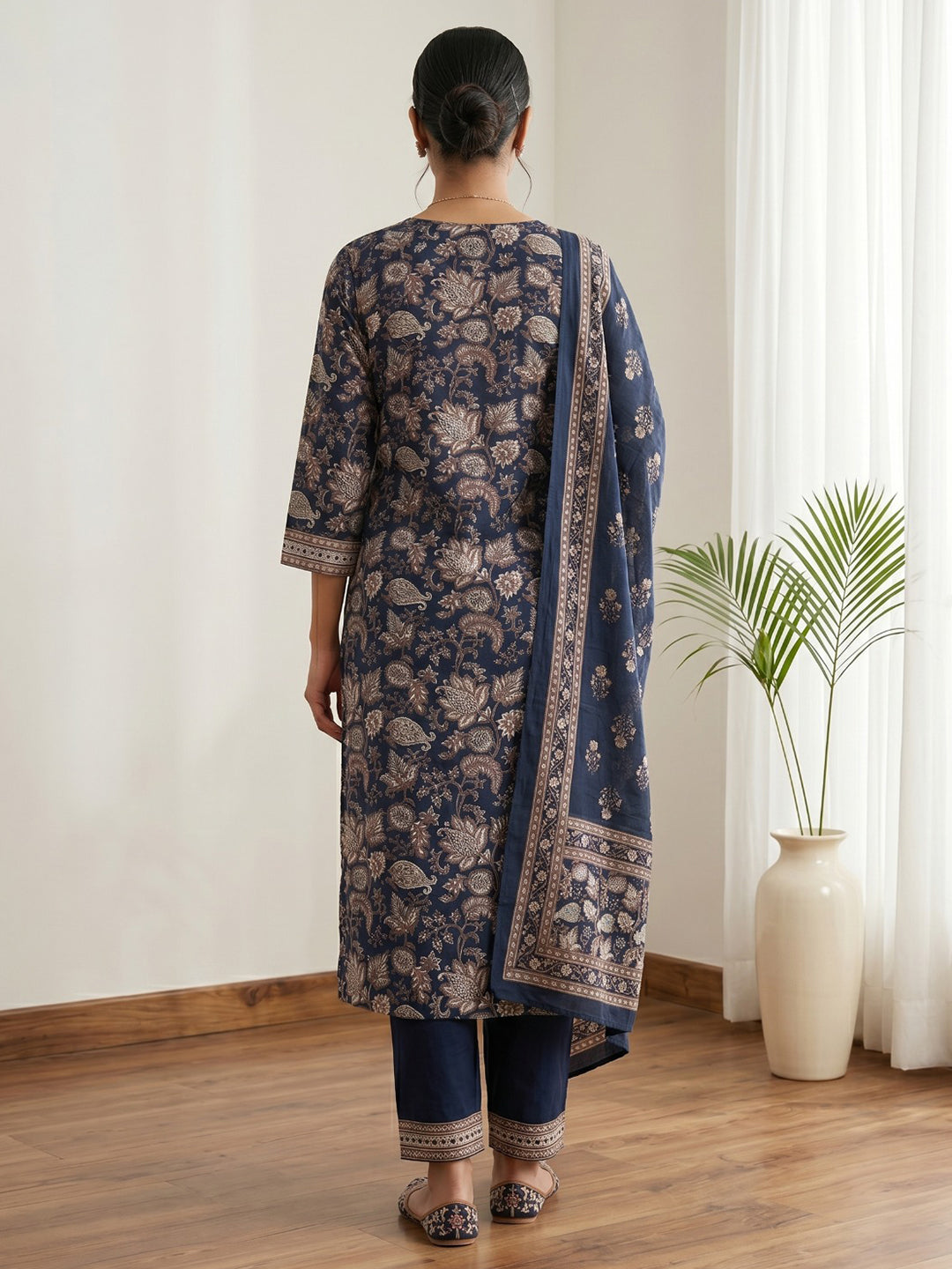 Blue Embroidery Cotton Blend Kurta With Pant &amp; Dupatta
