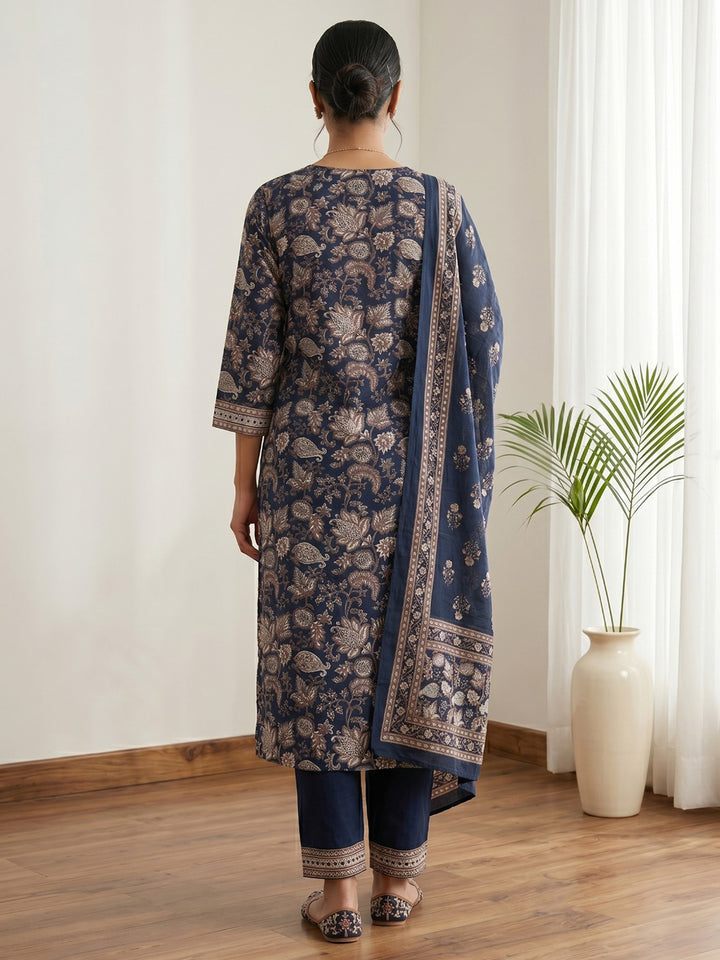 Blue Embroidery Cotton Blend Kurta With Pant &amp; Dupatta