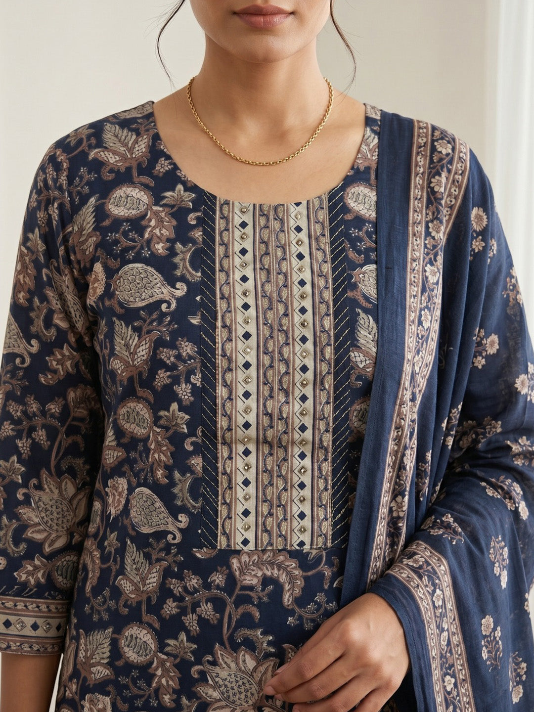 Blue Embroidery Cotton Blend Kurta With Pant &amp; Dupatta