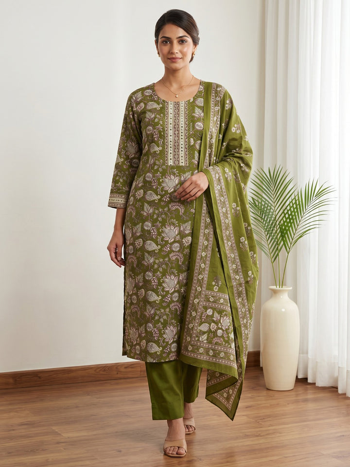 Green Embroidery Cotton Blend Kurta With Pant &amp; Dupatta