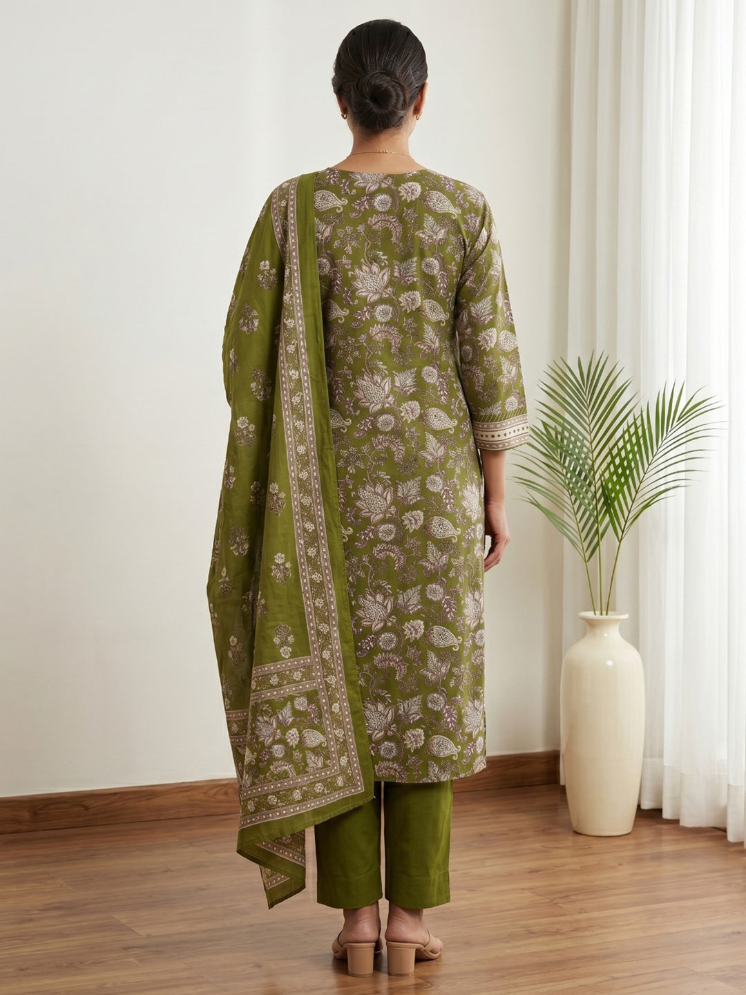 Green Embroidery Cotton Blend Kurta With Pant &amp; Dupatta