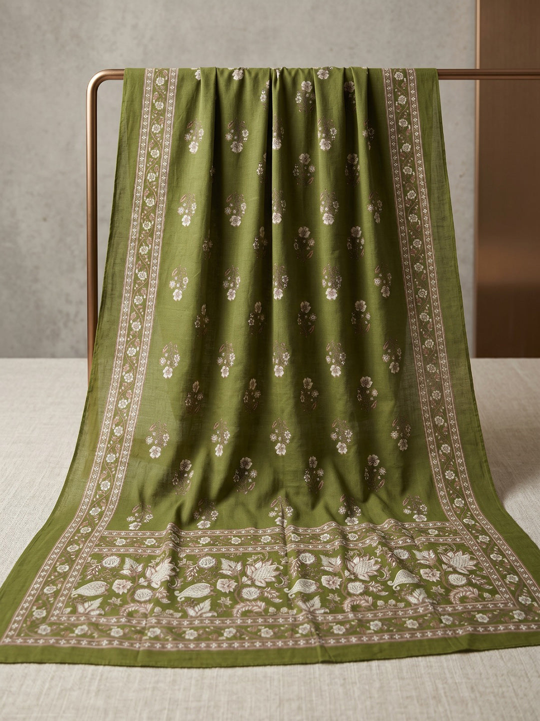 Green Embroidery Cotton Blend Kurta With Pant &amp; Dupatta