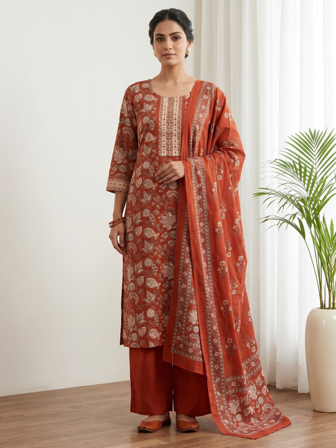 Red Embroidery Cotton Blend Kurta With Pant &amp; Dupatta