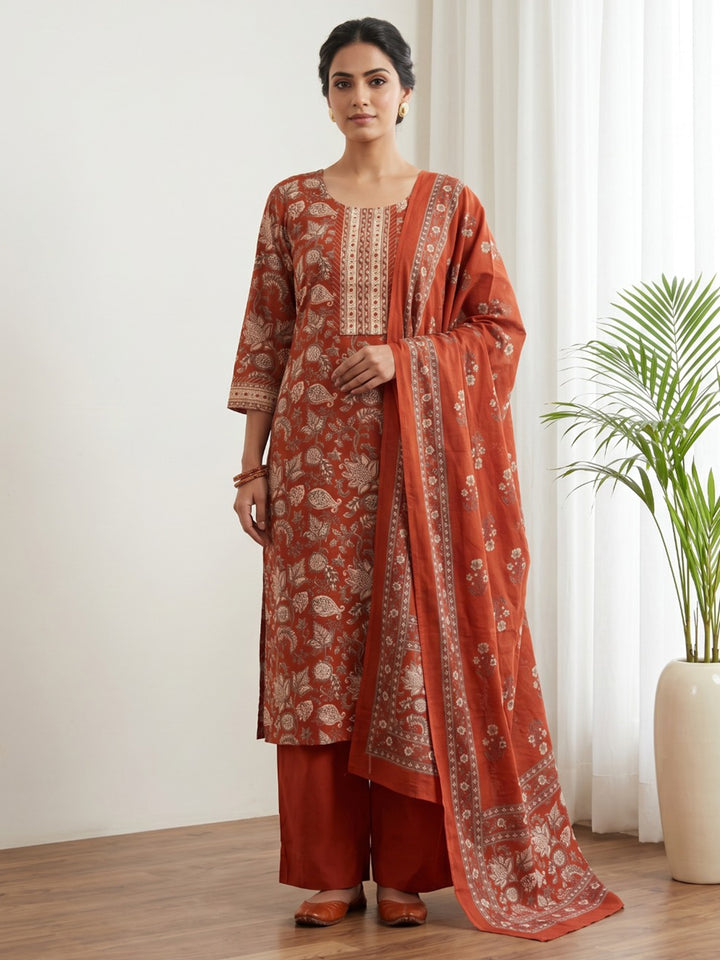 Red Embroidery Cotton Blend Kurta With Pant &amp; Dupatta